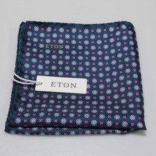 Eton NWT 100 Silk Pocket Square In Blue w/ Pink / Multi Geometric Floral Print