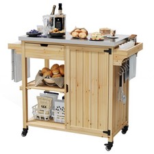 Outdoor Grill Cart Solid Wood with Stainless Steel Tabletop and Storage Cabinet