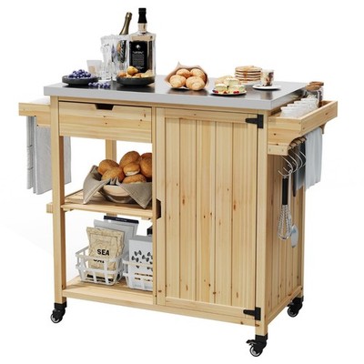 Solid Wood Outdoor Grill Cart with Stainless Steel Tabletop and Storage Cabinet