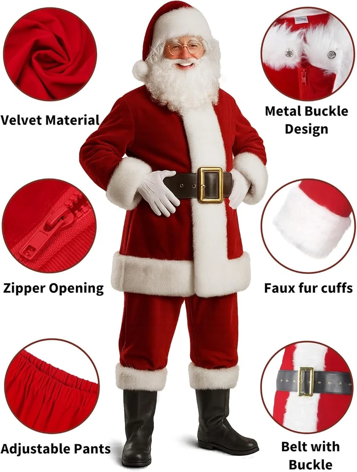 Men's Deluxe 11pc Professional Santa Suit Velvet Christmas Costume Adult Outfit - Image 2 of 4