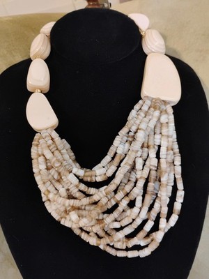 CHICO'S Faux Heishi Shell Stone Cream Multi Strands Long Chunky Necklace NWT 24''