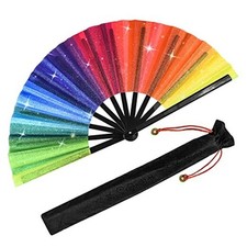 Rainbow Rave Hand Fan Pride Glitter Holographic Large Handheld Folding Fan
