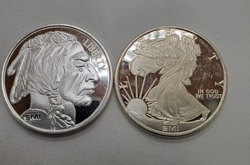 SMI Walking Liberty Design & Indian Head 1 oz .999 Fine Silver Rounds Lot of 2
