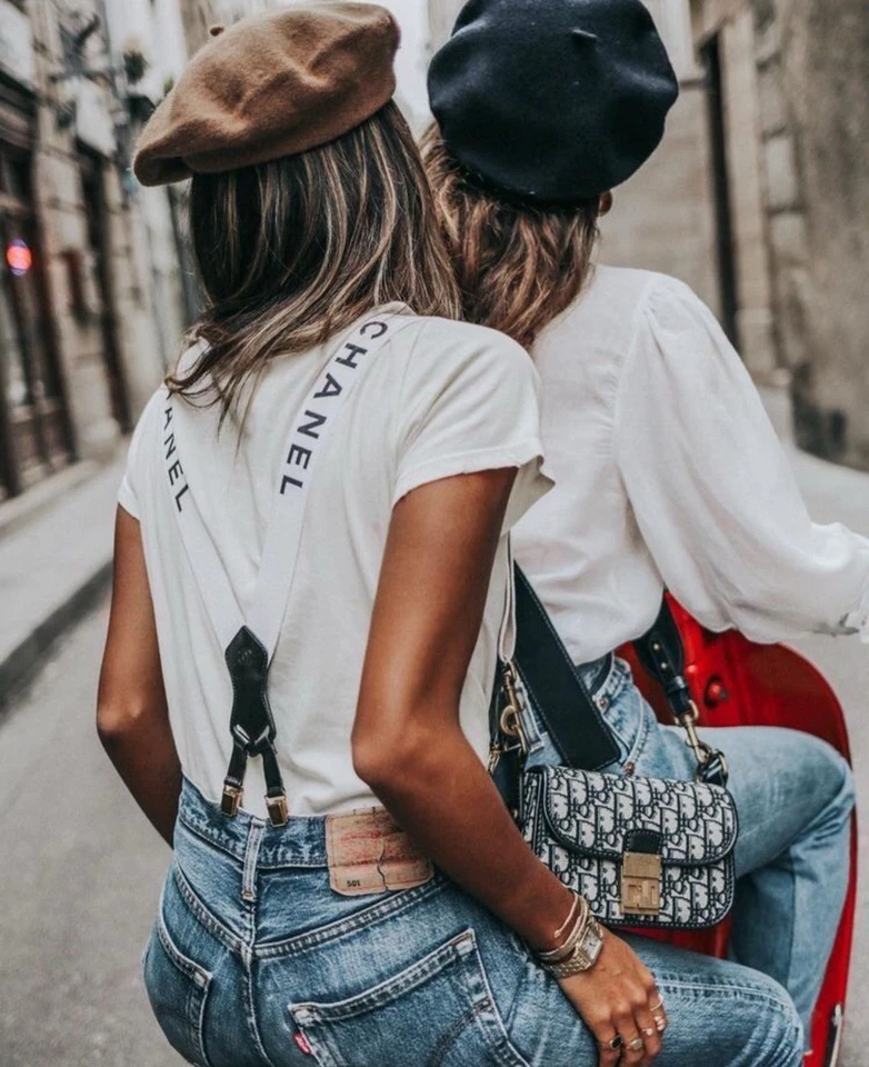 CHANEL White Logo Suspenders with Black Leather Accents - Luxury Accessory - Image 2 of 4