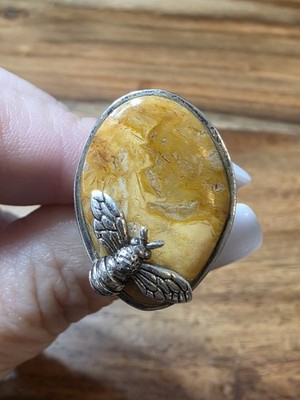 Vintage Barse Sterling Silver Applied Bumblebee, Yellow Jasper Statement Ring