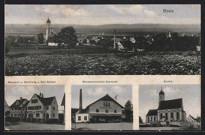 AK Boos / Schwaben, Bäckerei u. Handlung v. Karl Dobler, Genossenschafts-Senner 