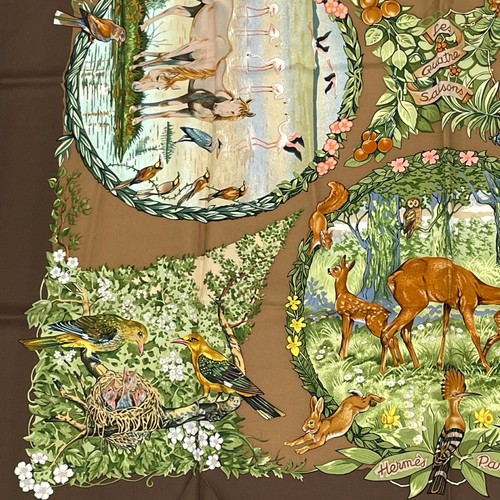 HERMES Scarf Carre 90cm LES QUATRE SAISONS 100% Silk Brown Green Multi R0309 - Picture 4 of 7