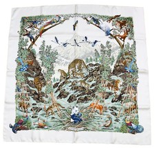Hermes Scarf SICHUAN 90 cm by Robert Dallet cream white Carre Panda animal bird