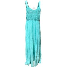 Lola P. 100% Cotton Turquoise Crochet Bodice Boho Beach Maxi Dress Medium