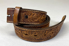Vintage Tooled Leather Belt Western Snaps No Buckle Brown Leaf Leaves Floral 45"