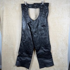 Black Geniune Leather Motorcycle Chaps XL Patchwork Design Zip Legs Buckle Belt