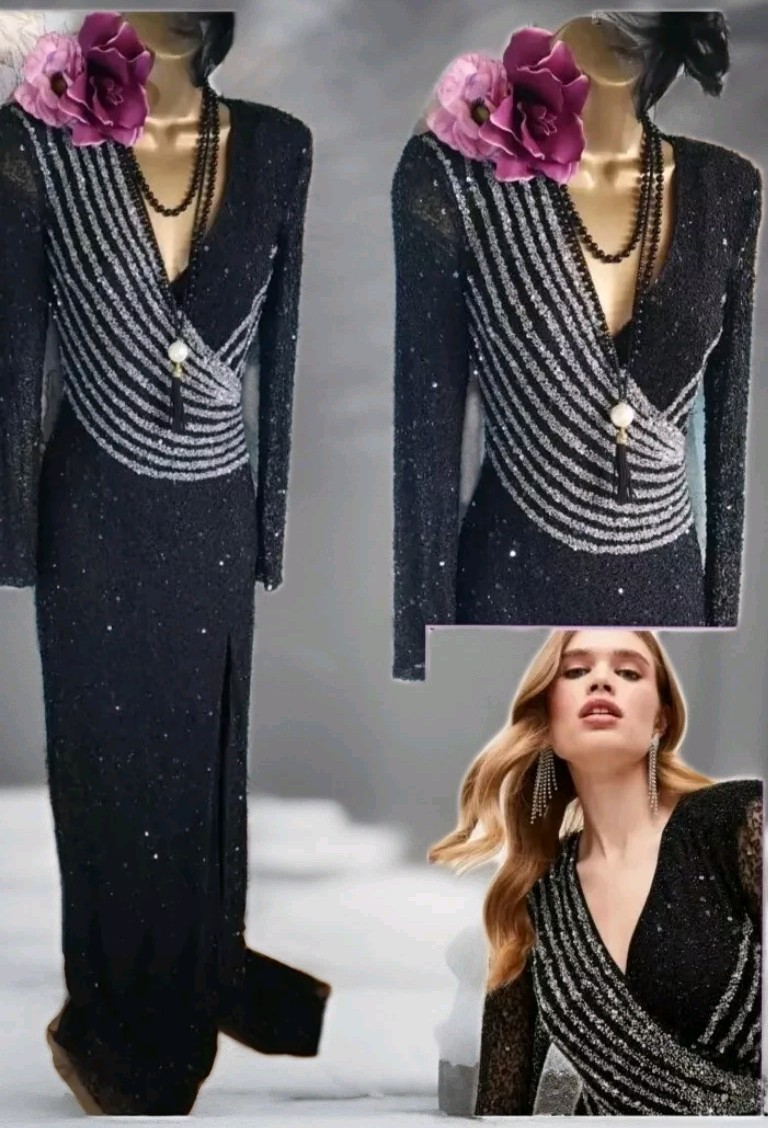 rare Karen millen black silver beaded evening Cocktail Party Long Slit dress 6 8 image 2