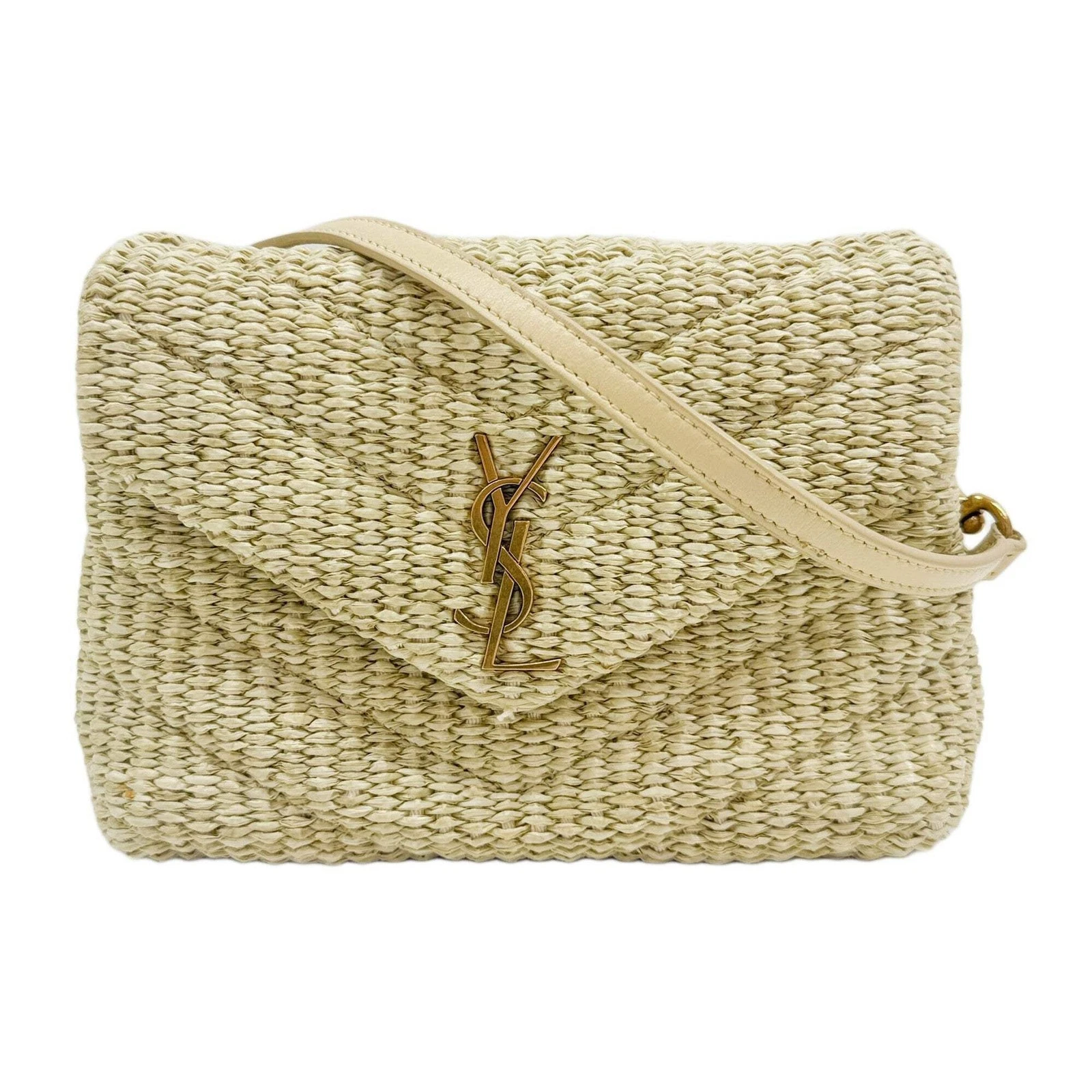 Saint Laurent — SAINT LAURENT Loulou Beige Quilted Chevron Raffia Shoulder Bag