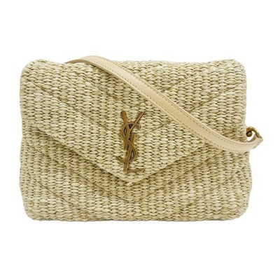 SAINT LAURENT Loulou Beige Quilted Chevron Raffia Shoulder Bag