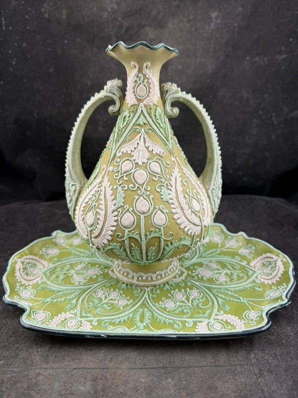 OUTSTANDING 8" Antique HEAVY MORIAGE VASE and Matching Tray