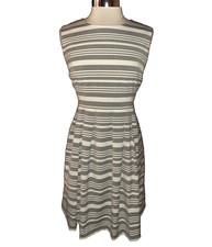 CALVIN KLEIN Size 14 A-Line Dress Grey White Stripes Sleeveless Pockets