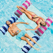 Inflatable Pool Lounge Chair Foldable Floating Lounger with Mesh Backrest Beach