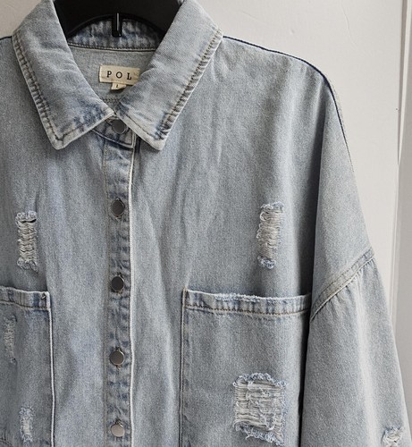 POL Jeanshemd Damen Large blau distressed ausgefranster Saum silber Knopf Oversized - Bild 5 von 11