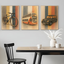 Set of 3 Bus Bike And Car Against Striped Background Poster Pub Print A3 A4 A5
