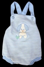 Vintage 1970s Health-Tex Baby 12 M Overalls Romper Blue Check Puppy Dog Applique