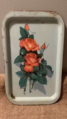 Metal Lap Tray Green Red Roses Retro 60''s Vintage 14.25''x 8.75''