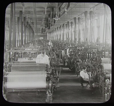 Magische Glaslaternenfolie WEBEREIZIMMER IN SEIDENMÜHLE PATERSON NJ C1910 FOTO USA 