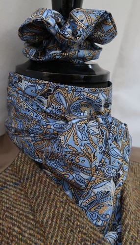 Self Tie French Blue & Mustard Paisley Cotton Riding Stock Tie & Scrunchie - Picture 3 of 4