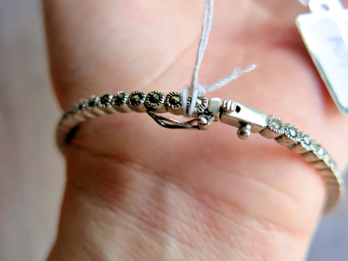 925 Silver Single Row Marcasite Bangle Bracelet Women Jewelry Minimalist - Picture 6 of 10