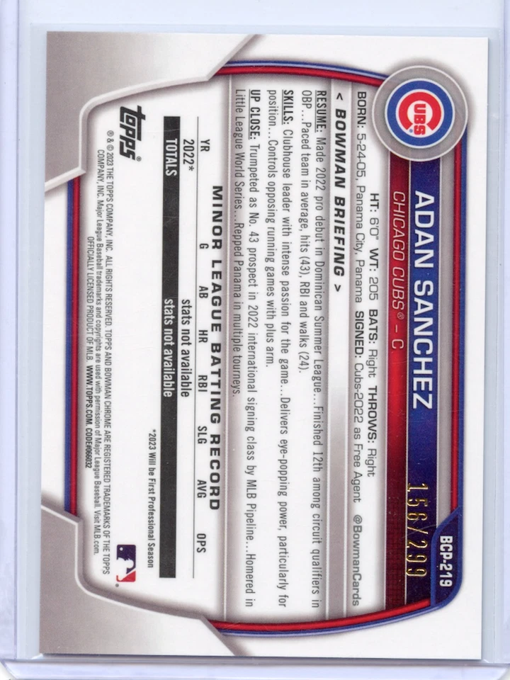 2023 Bowman Chrome 1st Adan Sanchez Purple Refractor /299 #BCP219 - Cubs - Image 2 of 2
