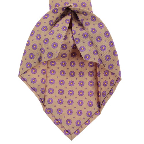 Kiton NWOT 100% Silk Seven Fold Neck Tie in Light Brown with Purple Flowers - Picture 9 of 9