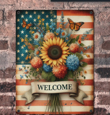 Vintage Farmhouse Welcome Decor American Flag 4th of July Summer Metal Wall Sign