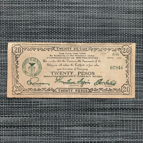 1943 Philippines Mindanao 20 Pesos WWII Emergency Banknote WW2 Currency Money