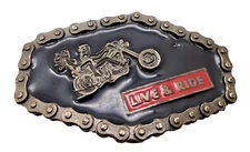 The Great American Buckle Co Chicago VTG 1976 LIVE & RIDE MOTORCYCLE BELT BUCKLE