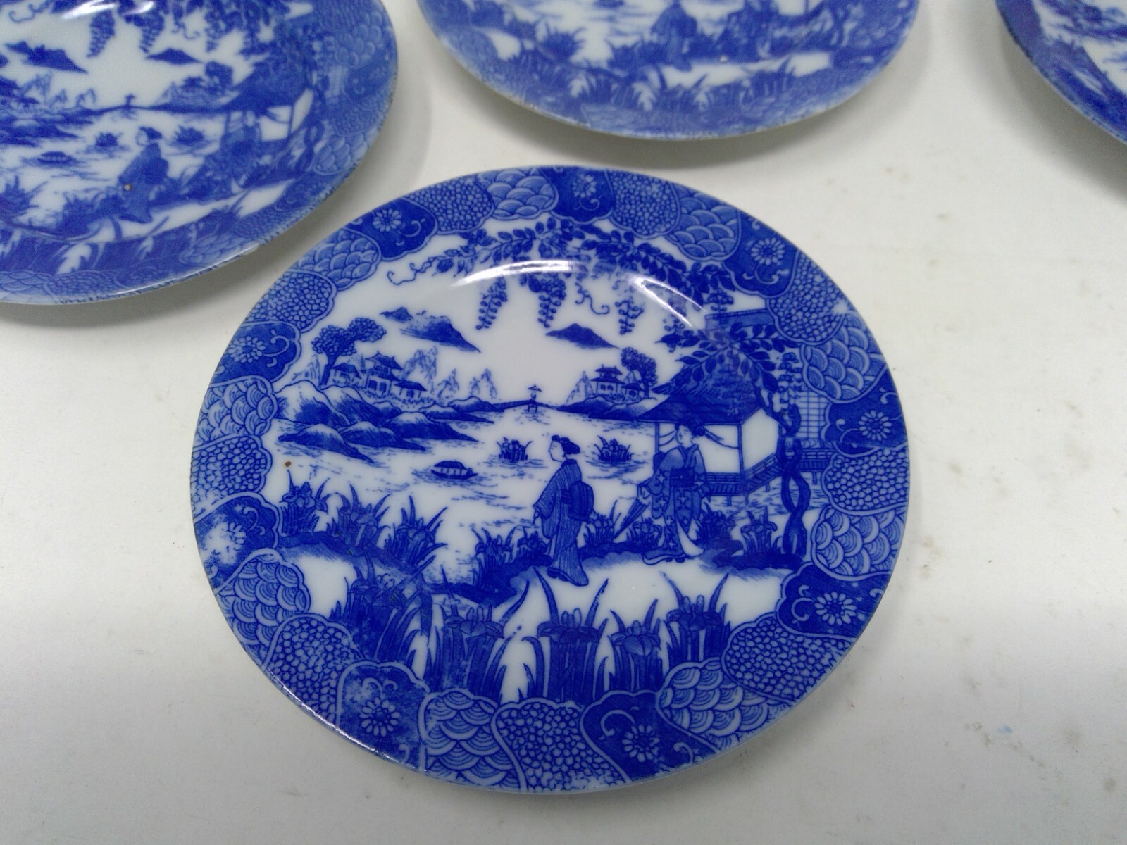 Set of 9 Childs Toy Tea Set Plates 4 3/4" Blue White Asian Village