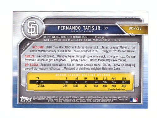 2019 Bowman Chrome FERNANDO TATIS JR Prospects Card Padres Mint - Bild 2 von 3