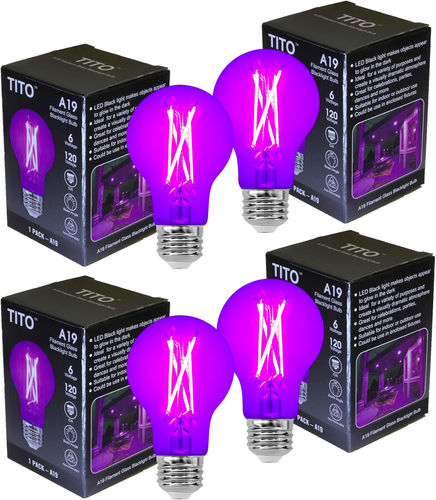 4 Pack E26 A19 Filament LED Black Light Bulbs, UVA 395Nm 6W Blacklight Bulb 100W - Picture 1 of 7