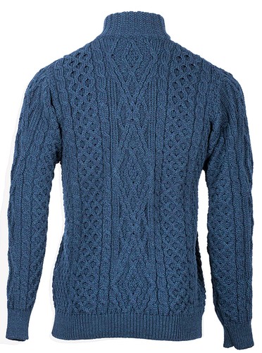 Irish Wool Sweater Aran Knit Diamond Knit Merino Wool Button Neck Pullover Blue - Picture 4 of 5