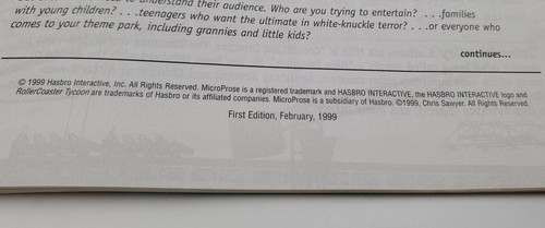 1st Edition 1999 Hasbro RollerCoaster Tycoon PC CD Rom Game Booklet Manual Only - Picture 5 of 5