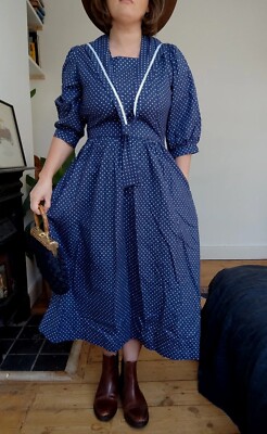 Vintage Laura Ashley 80s 70s sailor navy polka dot Dress Size 12 M L