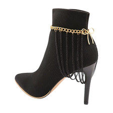 Women Black Wave Metal Boot Chain Bracelet Anklet Shoe Bow Ribbon Charm Jewelry