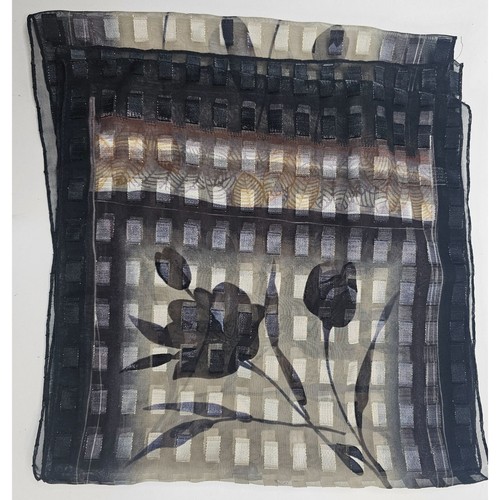 Floral Checker Pattern Sheer Silky Scarf 13x56 inch Rectangle Black Tones - Picture 5 of 5