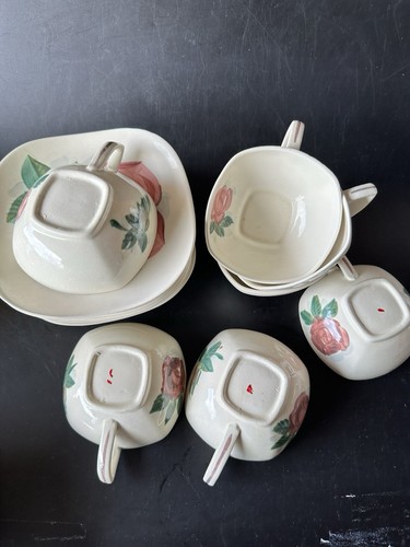 Vintage Red Wing Pottery Lexington Rose Pattern Set of 7 Cups & Saucers - Picture 5 of 9