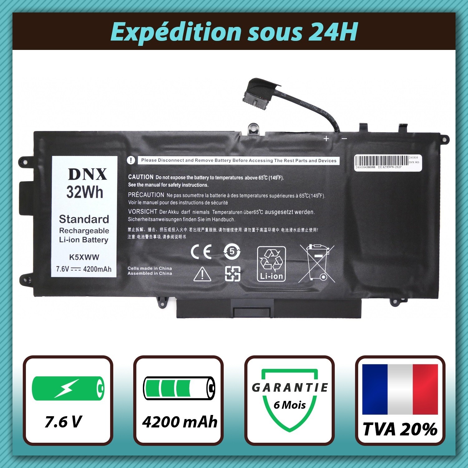 Batterie Latitude 7390 Dell résout le problème de coupure portable 7.6V