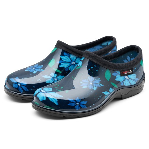 HISEA Women Slip-On Garden Shoes Waterproof Printed Rain Boots Blue Flower-US 8