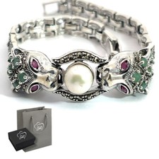 Echter Rubin Smaragd Markasit Perle Tiger Armband 925 Silber Geschenk für Frauen