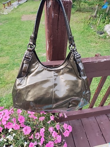 Lack Metallic Olivgrün Coach Umhängetasche 14”x10” Blau Linien Hobo G1171-18760 - Bild 2 von 18