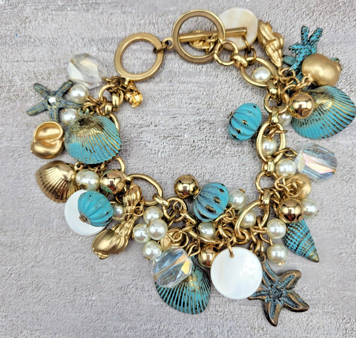 Ocean Beach Theme Charm Bracelet Shell Style Dang… - image 1