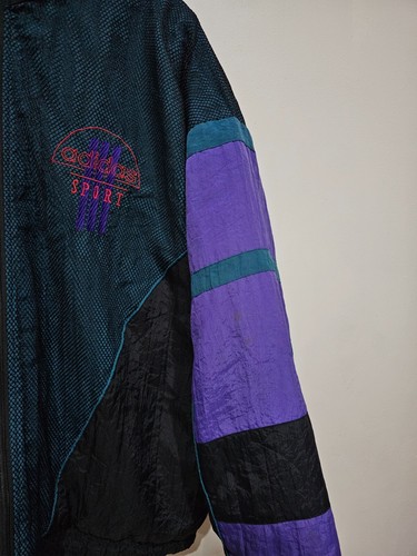 Adidas Puffer Jacket Black Purple Green Mens XL Vintage Trefoil Mesh LayerTrack - Picture 6 of 11