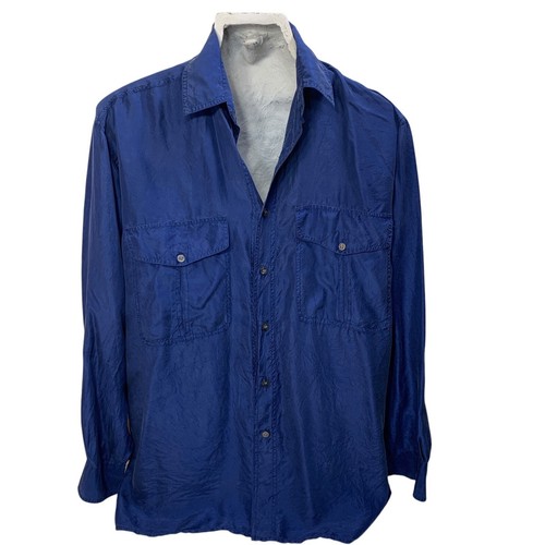XINNO Mens 100% Silk Shirt Button Front Navy Blue Flap Pockets