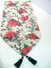 Tobin Holiday Lace Fabric Table Runner Poinsettias Berries 4" Tassels 16" x 70"